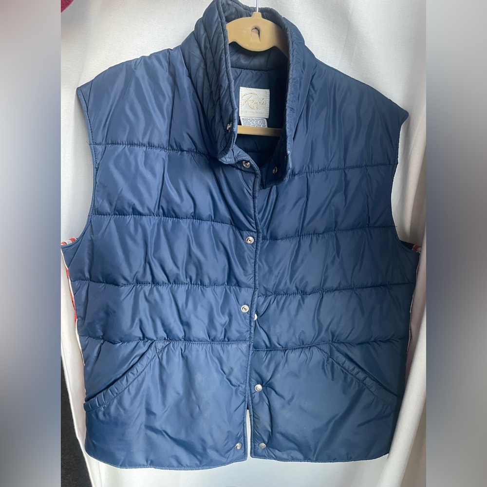 Vintage Roffe Blue Ski Puffer Down Vest with Orange Stripe